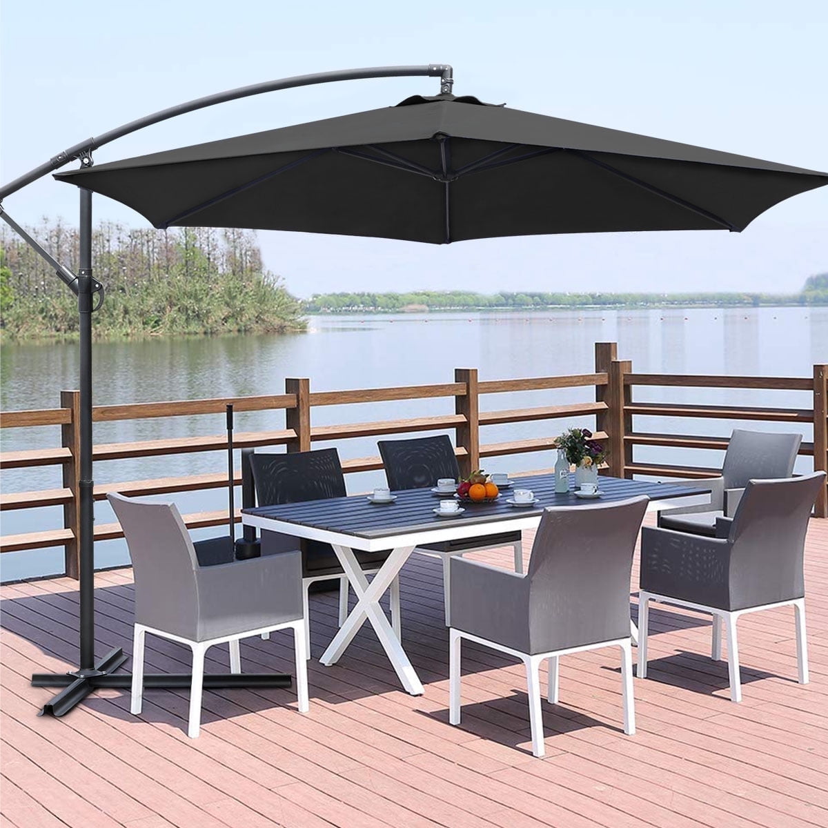 Devoko 10 Ft Patio Offset Cantilever Umbrella Outdoor Market Hanging Umbrellas with Crank & Cross Base, Black