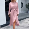 thumbnail image 2 of Lilgiuy Woman Temperament Solid Color Long Sleeve Screw Neck Straps Slit Dress Pink Fall Dresses for 2022 Spring Winter, 2 of 5