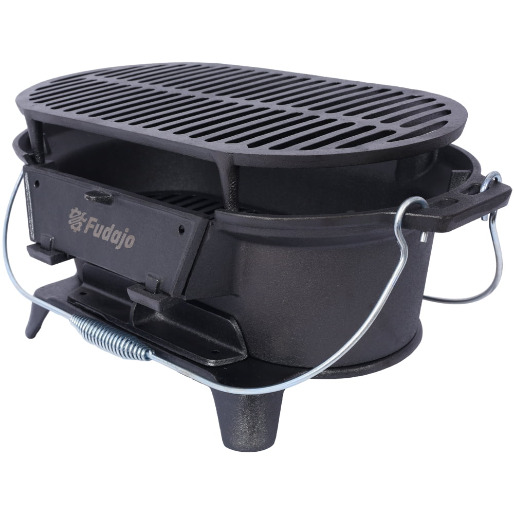 Portable Cast Iron Grill - Dual-Use Rectangle Hibachi & Tabletop Skillet, Enameled Outdoor Charcoal Grill for Camping/Tailgating