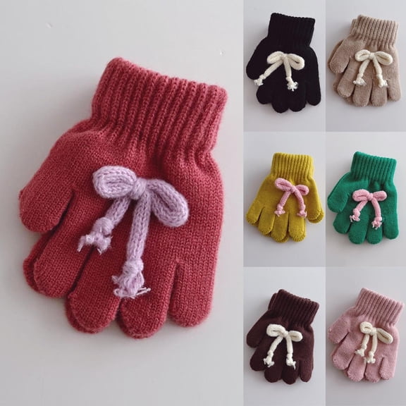 Lovzfmll Kids' Knit Gloves with Bow, Kids's Full Finger Outdoor Gloves, Solid Color Winter Warmth for Girls Ages 3-11 Years, Watermelon Red