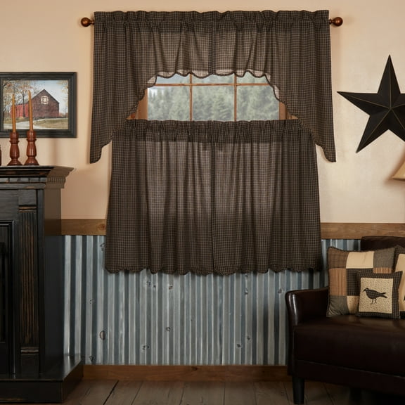 VHC Brands Kettle Grove 4 PC Country Black Plaid Curtain Set (2 Swag 36x16 and 2 Tier 36x36)