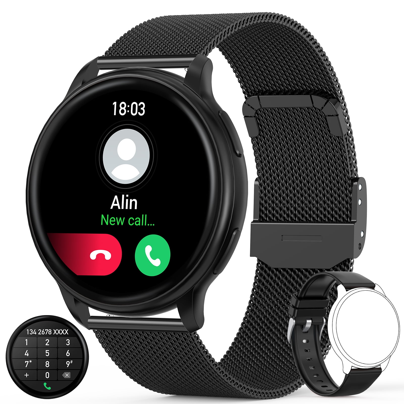ZKCREATION W33B Smart Watch Call Receive/Dial Fitness Watches Women Men, Waterproof Smartwatch for Android iOS iPhone Samsung Phones with Text and Call Heart Rate Blood Pressure Monitor, Black - Walmart.com