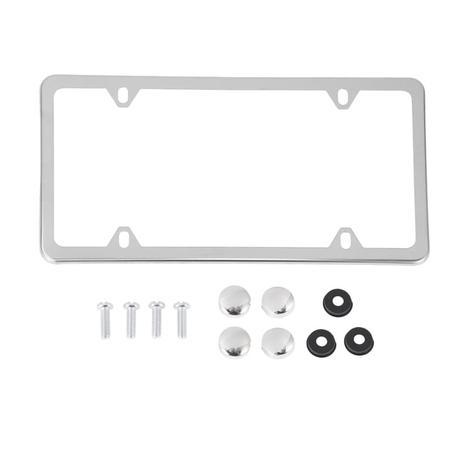 Unique Bargains License Plate Frame Stainless Steel Car Front Rear License Plate Holder with Screws Caps 4 Hole 1 Set Triangle Square Hole Narrow Frame Silver Tone