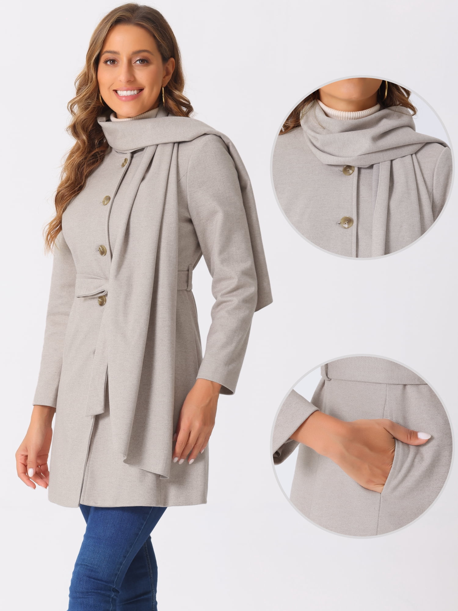 DARING DIVA Women's Scarf Coat Button Down Casual Outwear with Belt Grey S