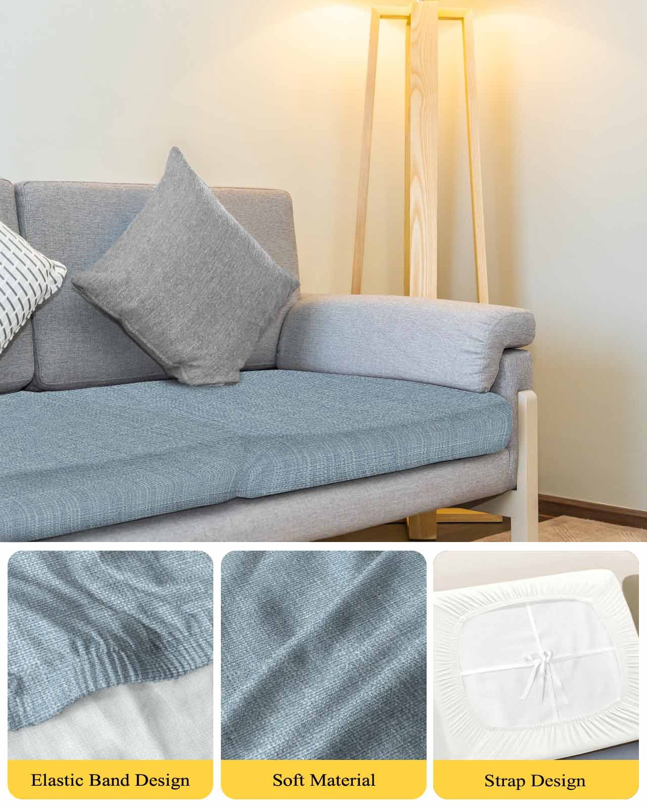 Vintage Sky Blue Couch Cushion Covers Stretch, Washable Sofa Seat Covers Individual Seat Cushion Sofa Slipcovers Farmhouse Retro Solid Color Linen Texture Couch Cover Furniture Protector S-3PCS