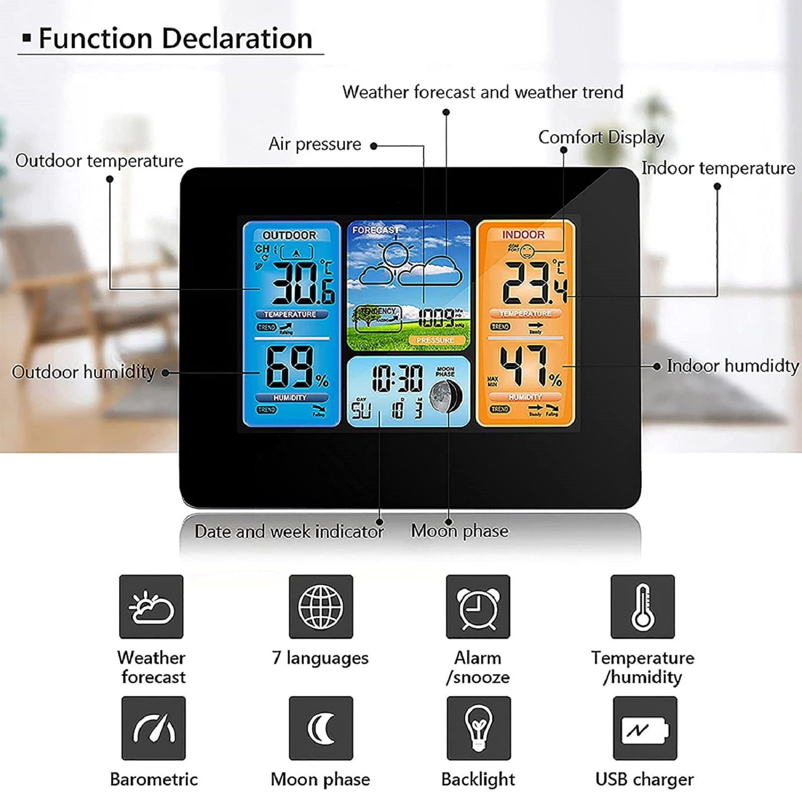 Wireless Weather Station with Color HD Display, EEEkit LCD Digital Weather  Station with Indoor Outdoor Digital Thermometer Home Alarm Clock with