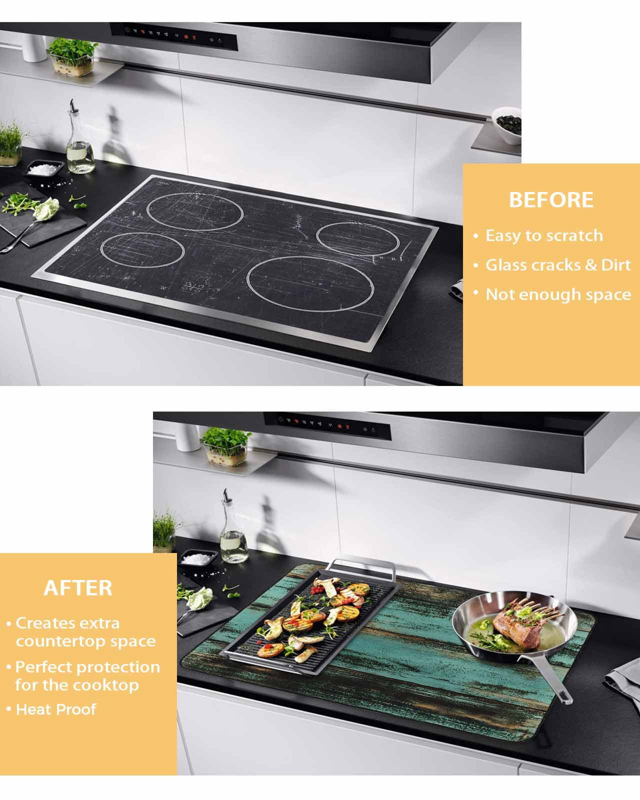 nqOlkjepod Large Induction Cooktop Protector Mat 28.5"x20.5", Teal Brown Plank Stove Top Covers for Electric Stove, Farmhouse Vintage Shabby Wood Grain Stove Burner Cover Mats, Glass Top Stove Cover