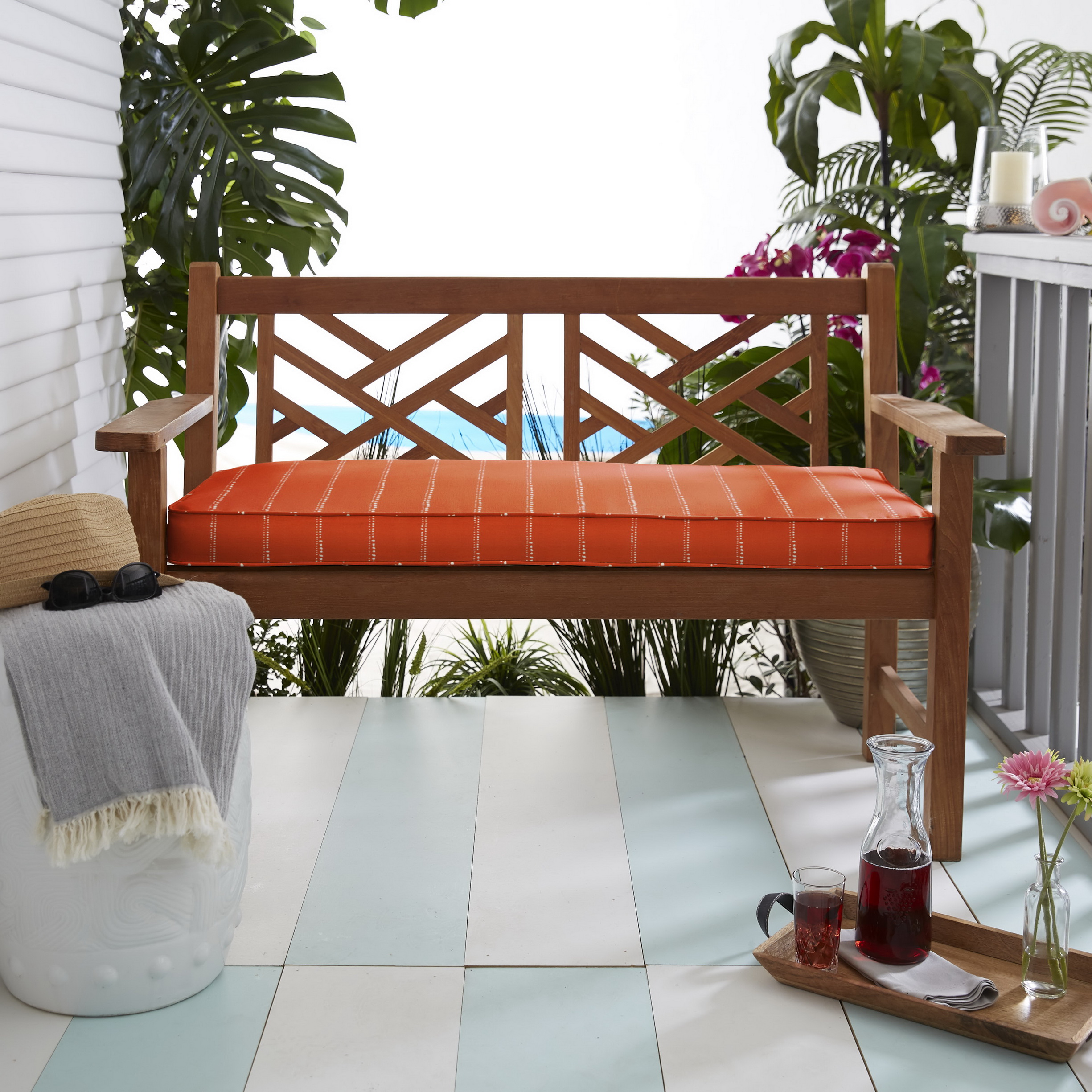 Sorra Home Outdoor Bench Cushion Corded Orange Dotted Stripes