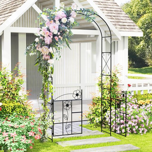 Garden Arbor, Metal Arbor Trellis for Climbing Plants, Rose, Ivy, Outdoor Archway Pergola with Lockable Gate, Ground Stakes, Garden Arch for Lawn Patio Bridal Party Pathway Ceremony