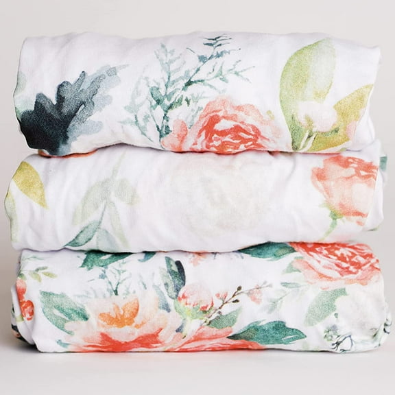 NODNAL CO. Pink Cotton Floral Bassinet Fitted Sheet Set, 100% OEKO-TEX Cotton, 3 Pieces, Peony and Eucalyptus Flowers, for Newborn Baby Girl Nursery Bedding