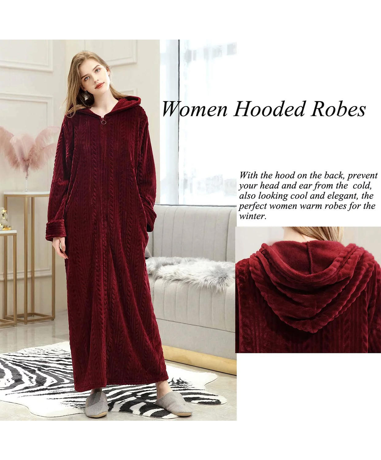 LOFIR Womens Hooded Plush Robe, Zip up Front Soft Fleece Robes for Women (L/XL, Wine Red) - image 4 of 8