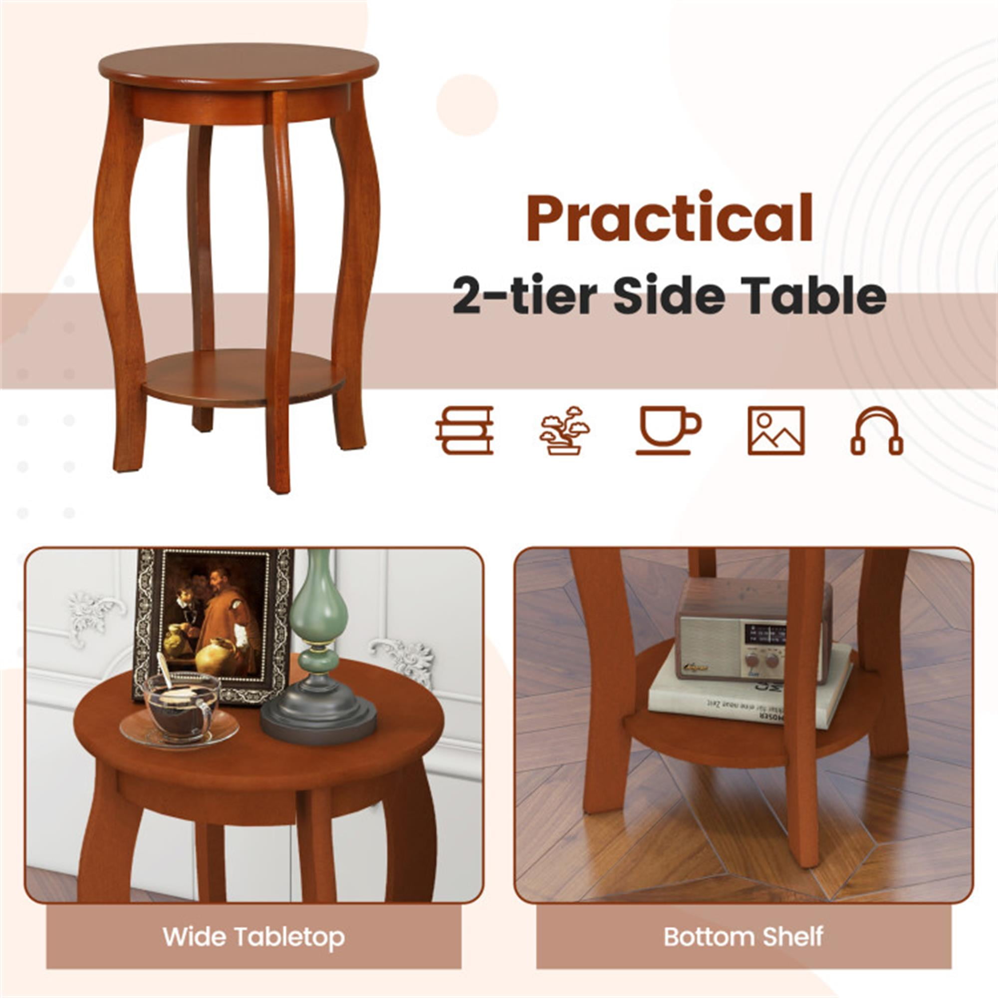 Demi Bonn End Table, Set of 2 Nightstand, Round End Table, Set of 2 15 Inch 2-Tier Round End Table with Storage Shelf, Sofa Side Table, Bed Side Table, for Living Room, Bedroom, Walnut