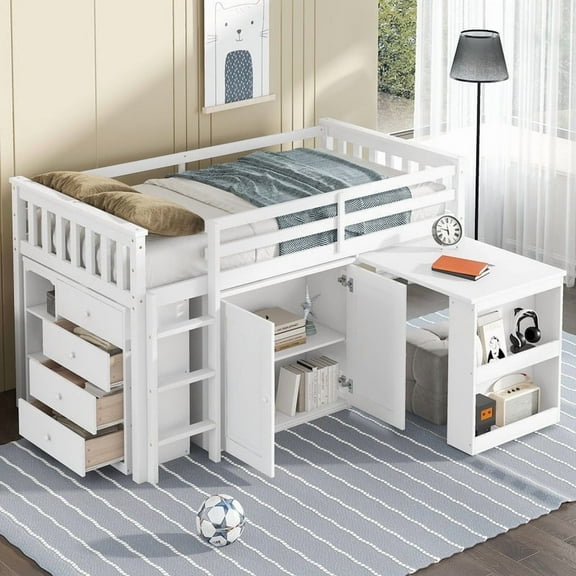 Mirightone Wood Twin Loft Bed with Storage Drawers, Twin Low Loft Bed with Desk and Guardrail for Girls Boys, White