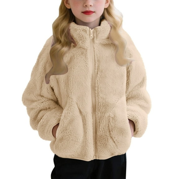Otqutp Teens Girls Fleece Jacket Trendy Sherpa Furry Jackets Mock Neck Zip Up Fall Winter Cozy Warm Fuzzy Coat with Pockets