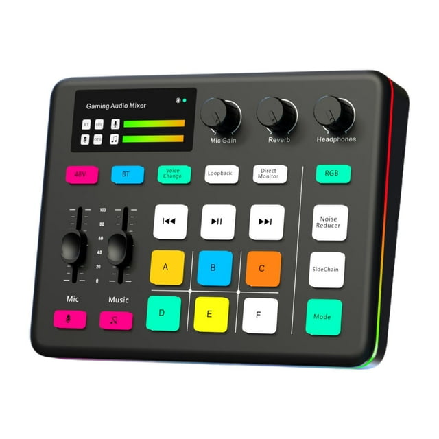 Mezclador de audio para juegos con efectos RGB, ligero, compacto, portátil, 48 V de potencia, cambiador de voz para podcasting y transmisión en .