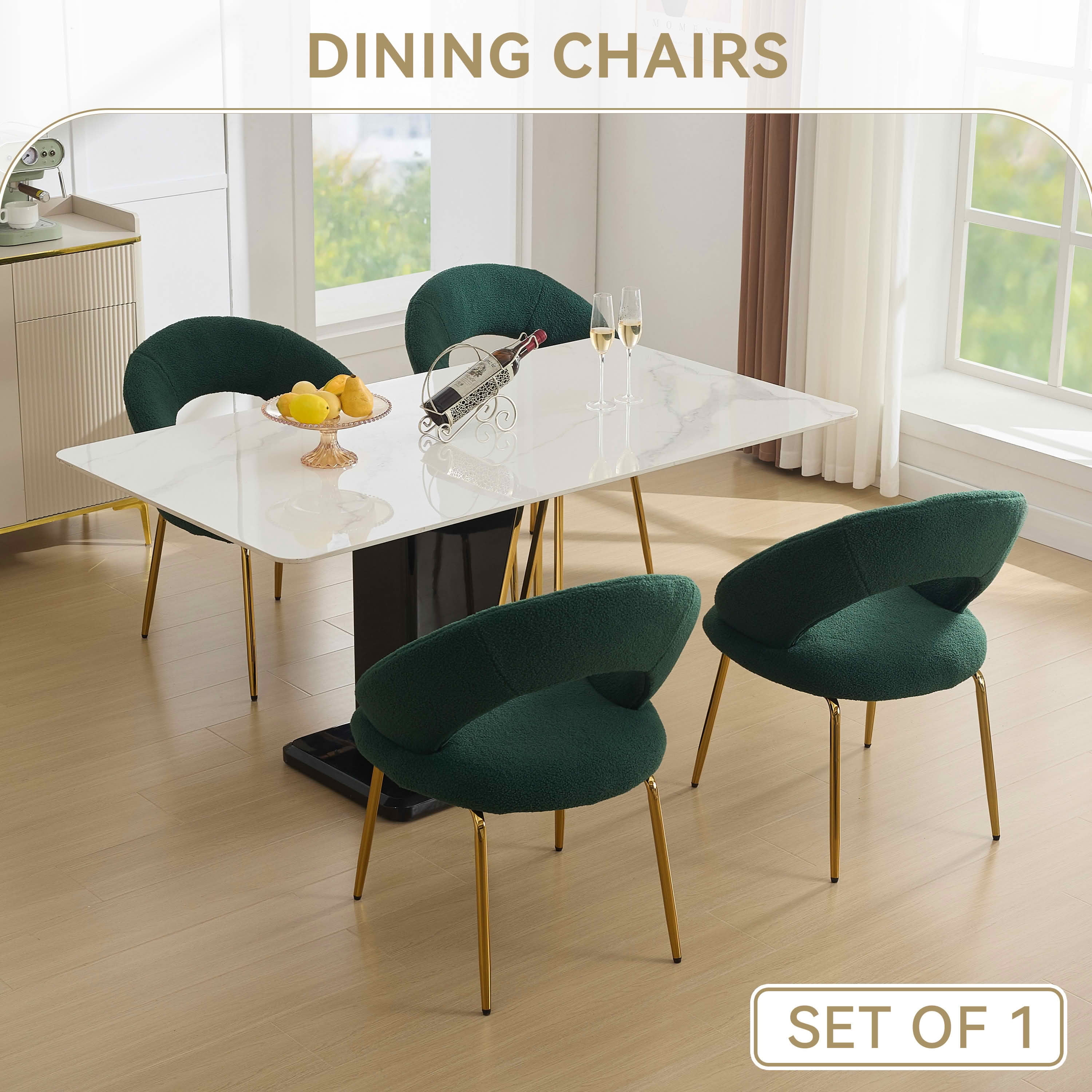 MAYEERTY Set of 1 Teddy Fabric Dining Chair, Curved Backrest & Golden Metal Legs, for Kitchen & Dining Room, Green