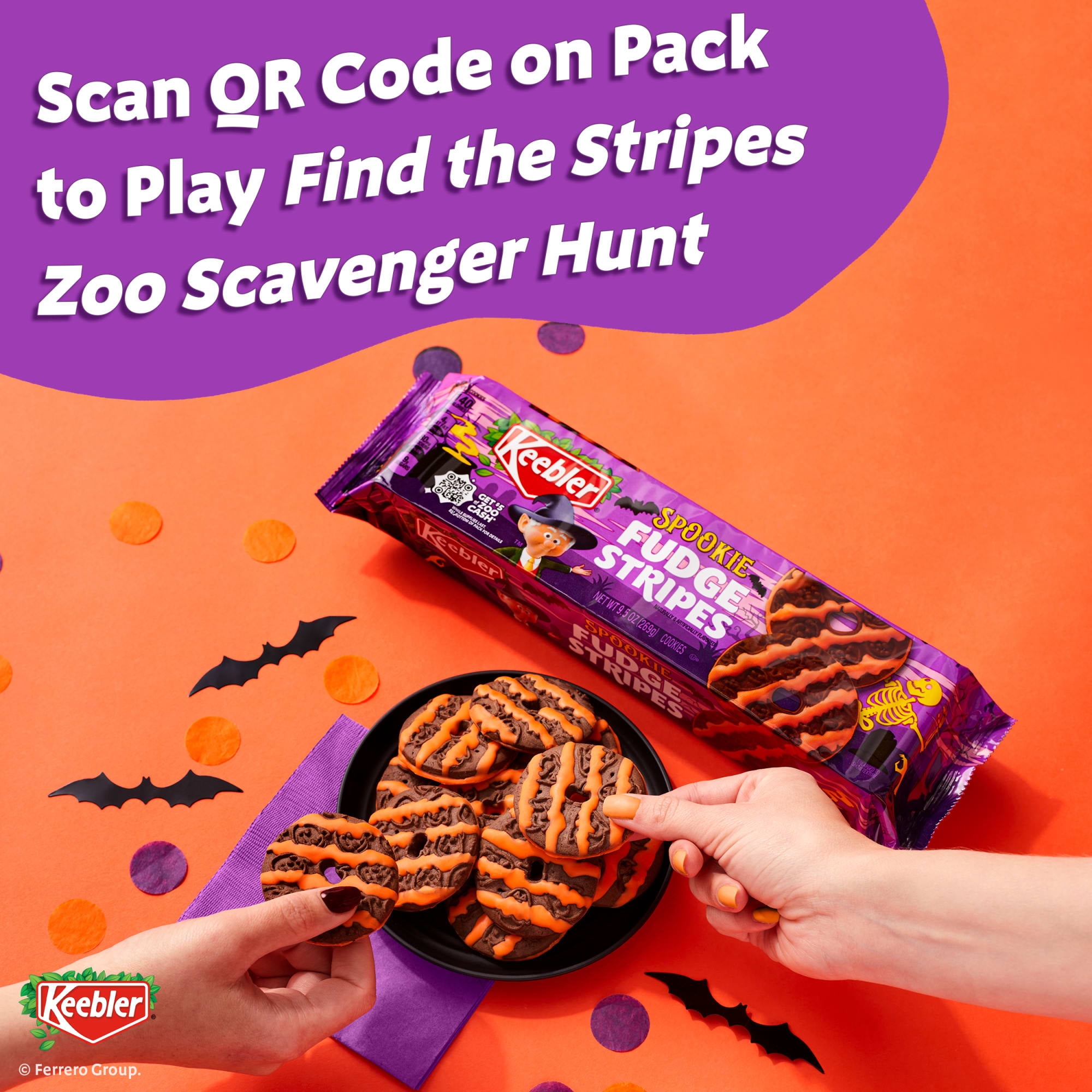 Keebler Spookie Fudge Stripes, Halloween Candy, Chocolatey Vanilla-Flavored Cookies with Orange Stripes, 9.5 oz