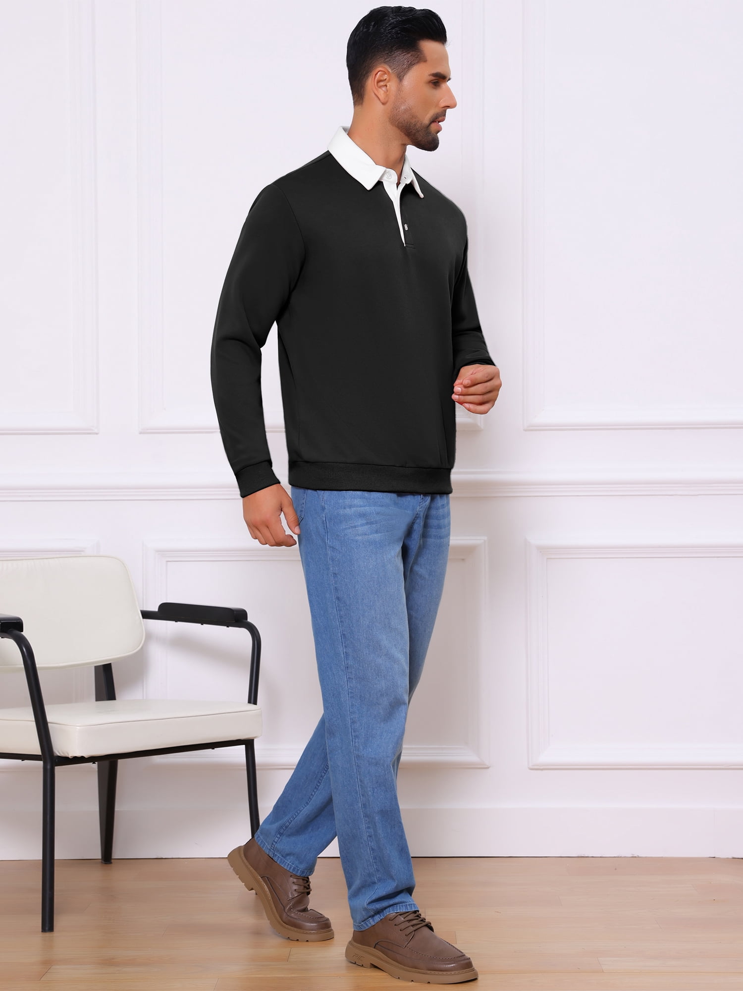 DARING DIVA Men's Contrast Collared Long Sleeves Pullover Polo Sweatshirt S Black