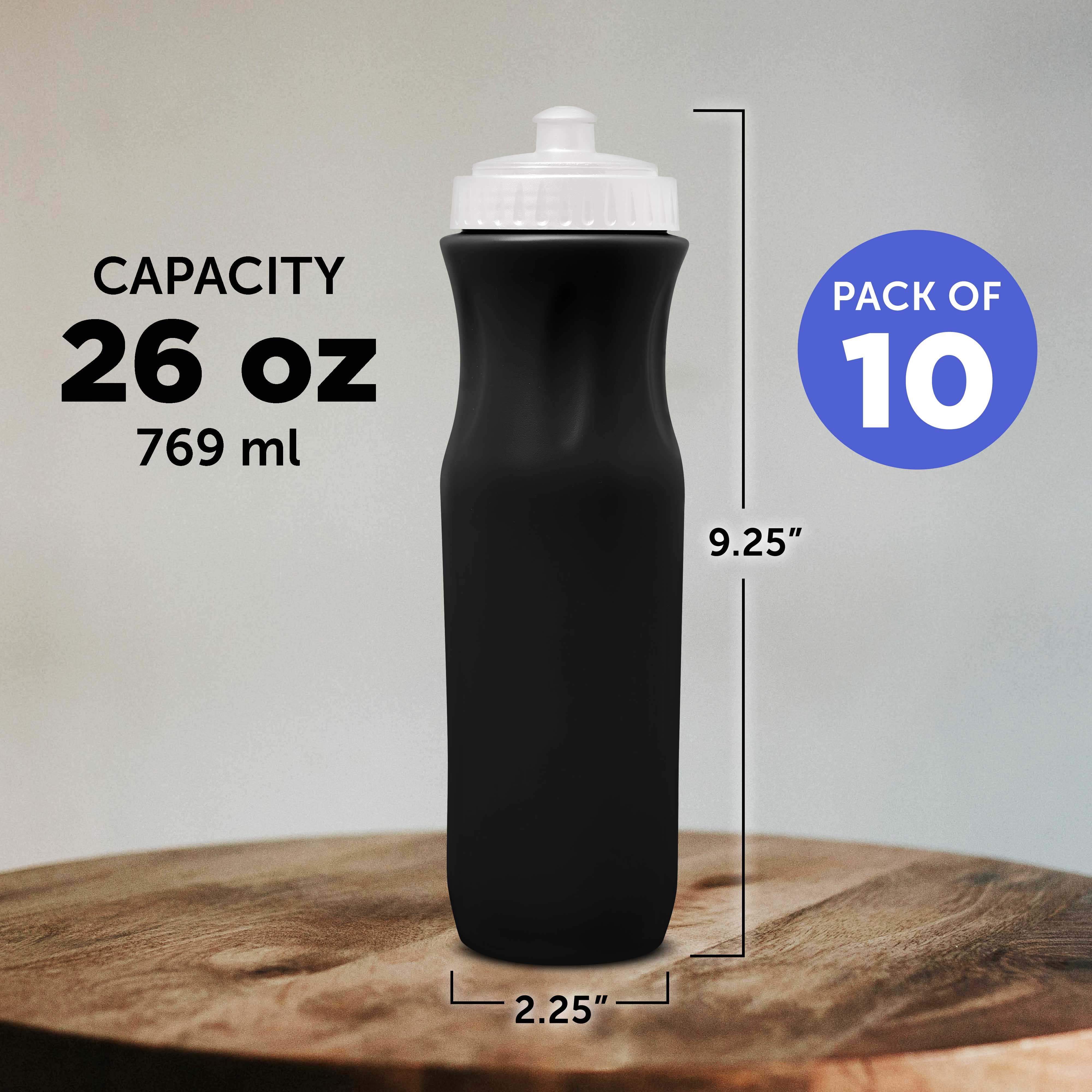 10 Plastic Water Bottles Set, 26 oz. - Black Push Top Lid - Black