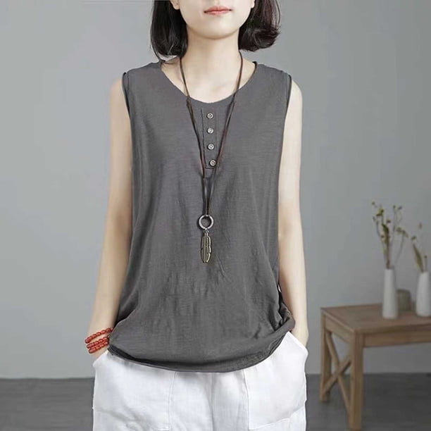 Xuyuer Womens Tank Tops Summer Spring Sleeveless Casual Cute Basic Trendy Loose Flowy Beach Shirt Vacation Outfits 2026 Scoop Neck Button Pullover Casual Loose Fit Dressy Tunic Tops