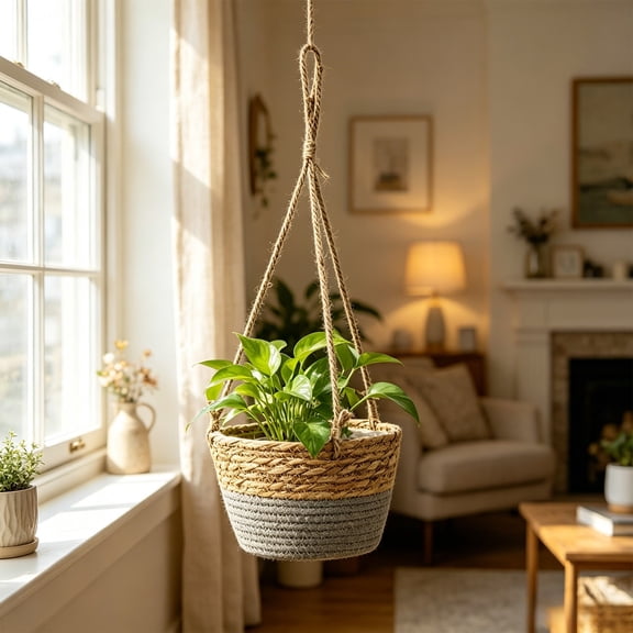 Jute Rope Hanging Planter Woven Plant Basket Macrame Holder for Indoor Outdoor Home Decor