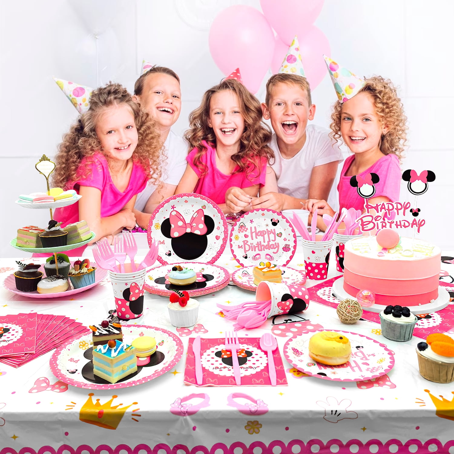 Minnie Birthday Party Supplies Tableware-113pcs Minnie Party Tableware Set Include Minnie Mouse Party Plates Cups Napkins Table Cloth Set ect Minnie Theme Party Decor, Serves 16