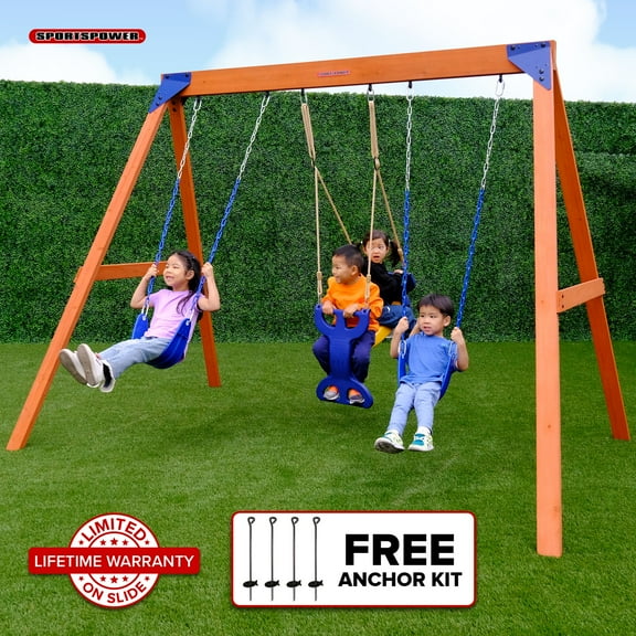 Sportspower™ Madison Wooden Swing Set with 2 Height Adjustable Swings and 2 Person Roman Glider Swing, Backyard Outdoor Playset for Kids
