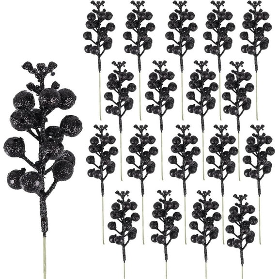 20Pcs Artificial Berry ,9.06In Glitter Berries for Christmas Tree Decorations,Black Festive Bead Sticks for Holiday,Wreath Ornaments