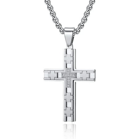 Double-Deck Stainless Steel Top Hammer Pattern Religious Charms Cross Pendant, Back Side with Customize Words or Logo - Necklace 24-30 inches[u409]