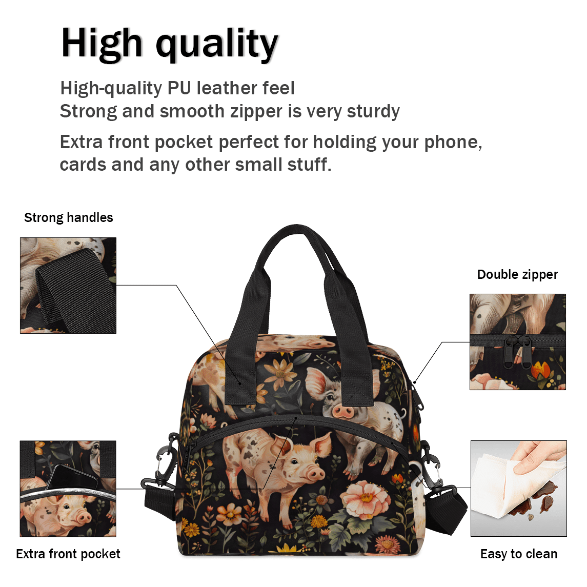 Herdesigns Floral Pig Animal Insulated Lunch Bag for Women Men Adults Large Reusable Lunch Box Leakproof Portable Cooler Tote Bags with Adjustable Shoulder Strap