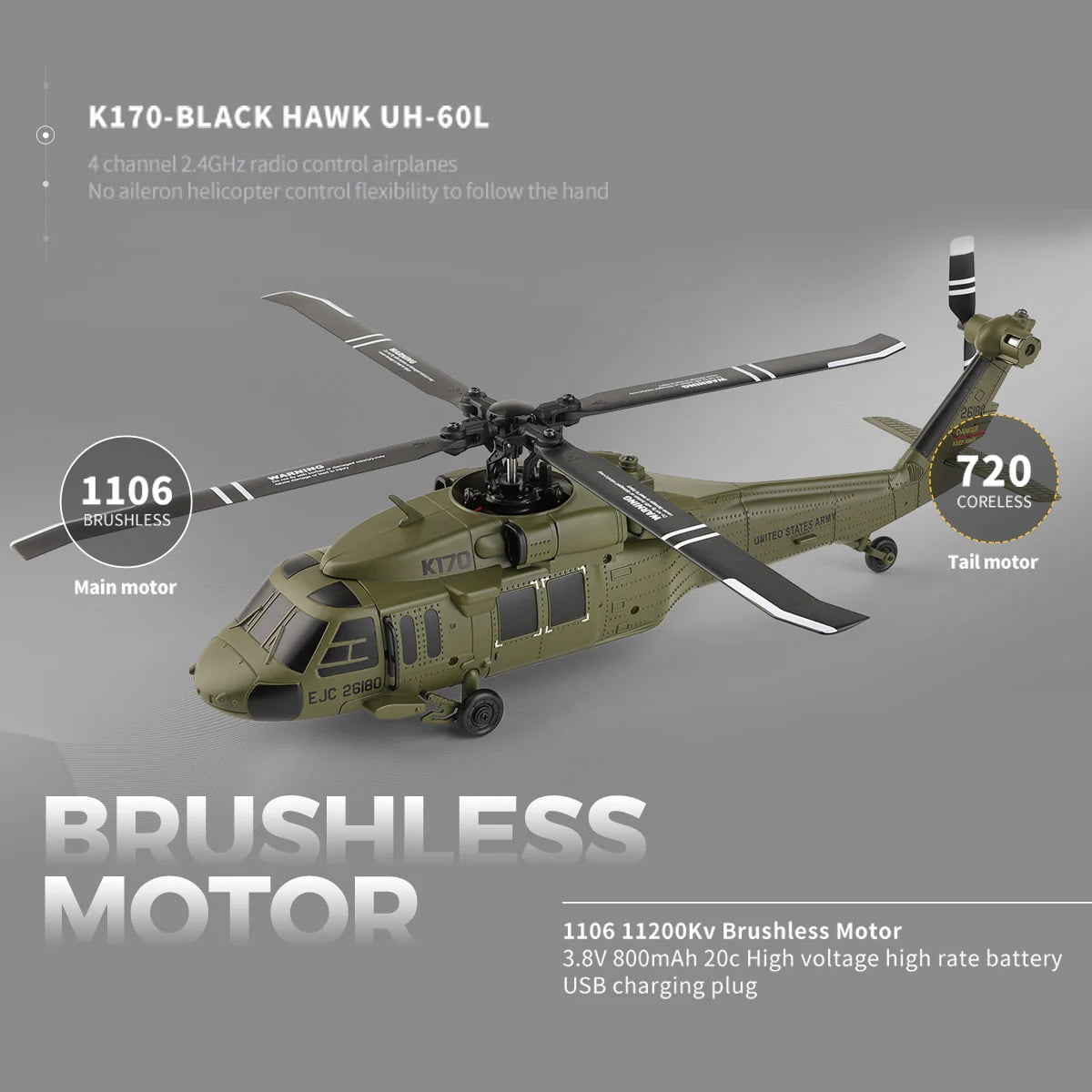 WL K170 RC Helicopter, 1:28 Scale BK Hawk UH-60L 4CH Flybarless Remote Control Helicopter Model with Brushless Motor & Altitude Hold , for Adults & Beginners