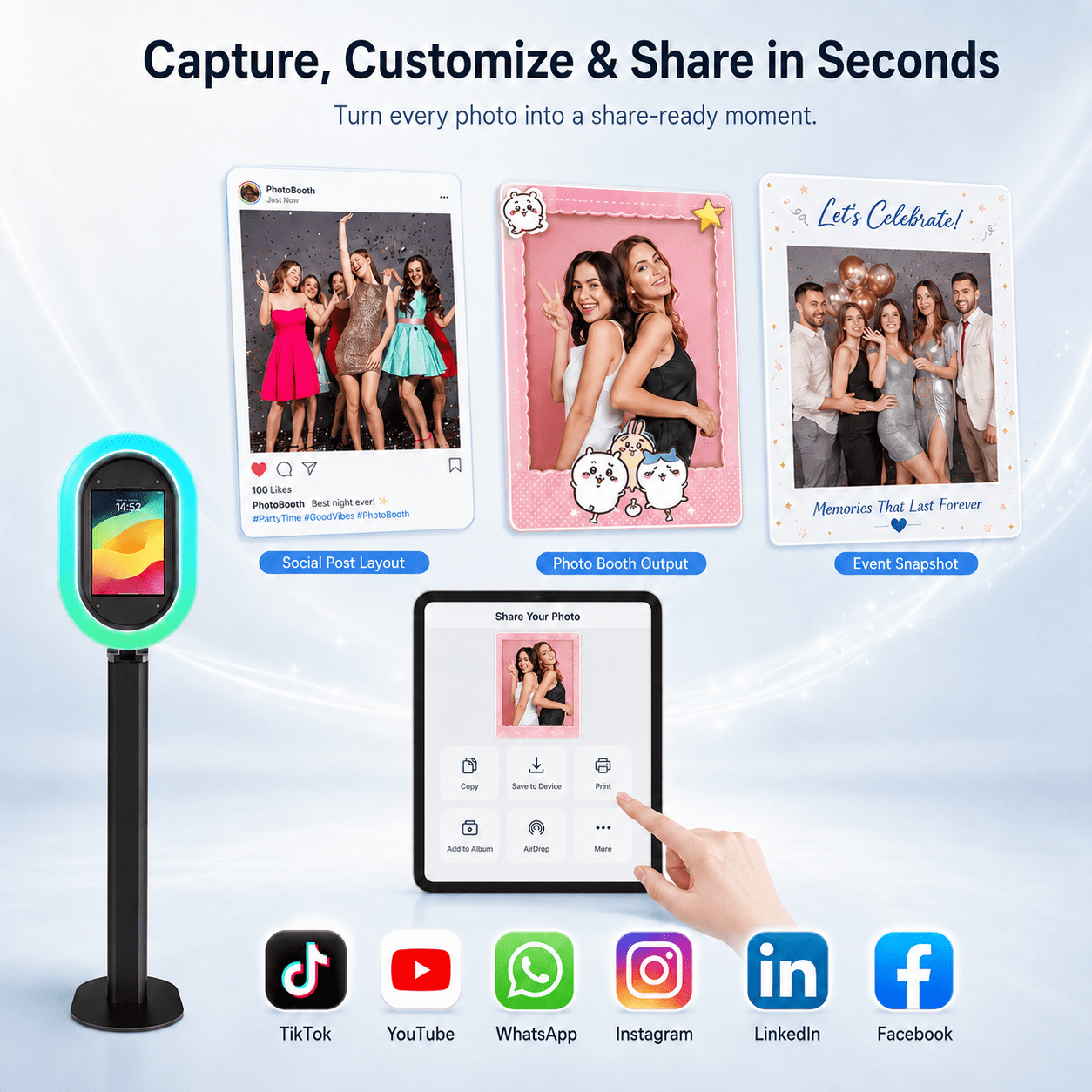 Portable iPad photo booth with flight case, metal selfie stand, and RGB ring light, perfect for parties, weddings, and rental businesses - compatible with 10.2-inch to 13-inch iPads.