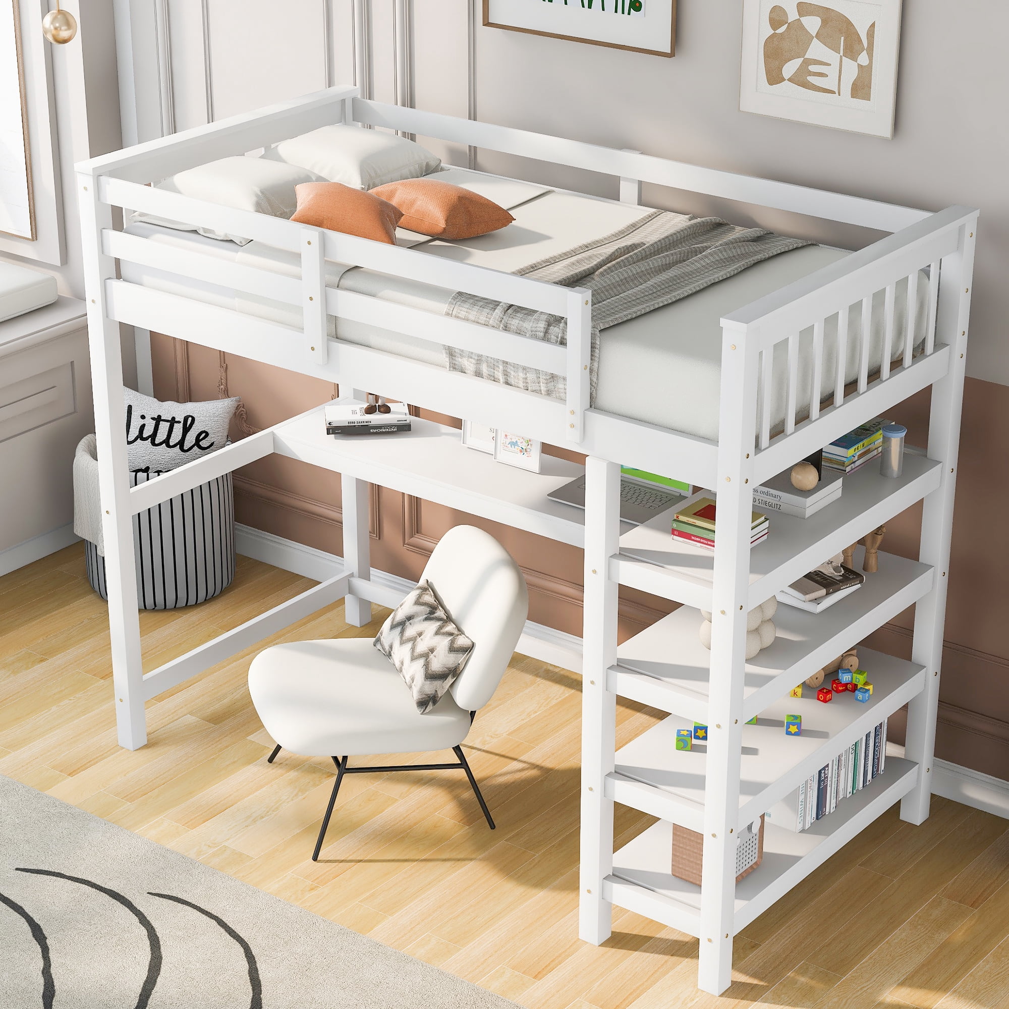 Yoneston Twin Size Loft Bed with Storage Shelves, Wooden Twin Loft Bed Frame with Under-bed Desk for Boys Girls Teens Bedroom, White
