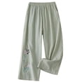 thumbnail image 2 of Palazzo Pants for Women Spring Summer Cotton Linen Floral Embroidery Elastic Waist Wide Leg Flowy Beach Pants with Pockets, 2 of 4