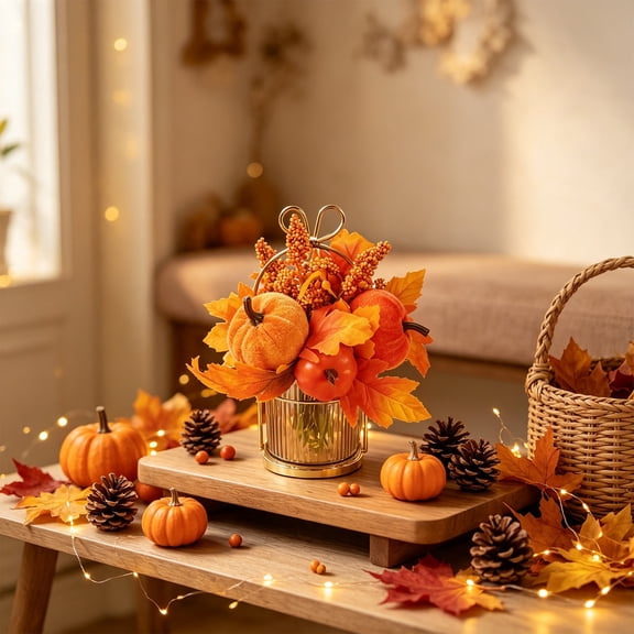 Artificial Pumpkin, Maple Leaf, Fall Floral Centerpiece with Metal Basket, Preassembled Autumn Tabletop Decor for Home
