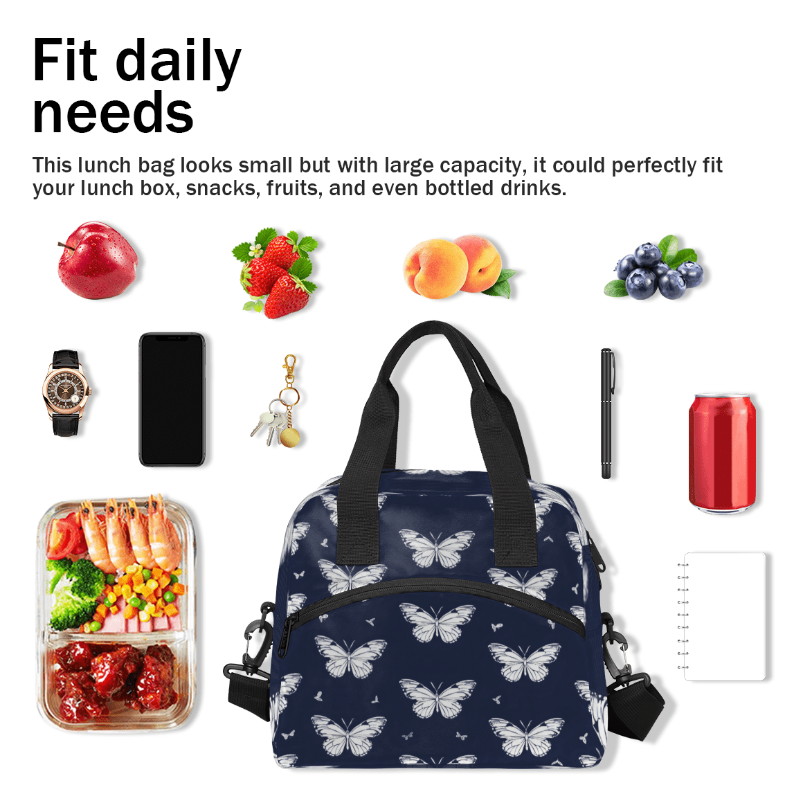 Herdesigns Butterfly Insulated Lunch Bag for Women Men Adults Large Reusable Lunch Box Butterfly Print Leakproof Cooler Tote Bags with Adjustable Shoulder Strap