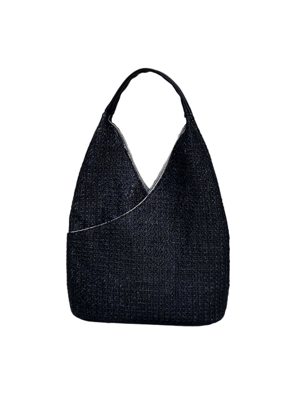 Women Raffia Woven Shoulder Tote Bag Large Capacity Open Top Handbag Summer Beach Travel Woven Handbag(Black-55x29x10cm)