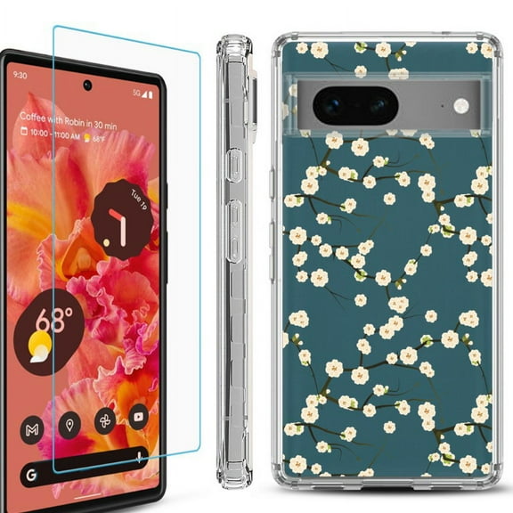 OneToughShield ® Compatible with Google Pixel 8, Shockproof Phone Case, with Tempered Glass Screen Protector - Blossom Green