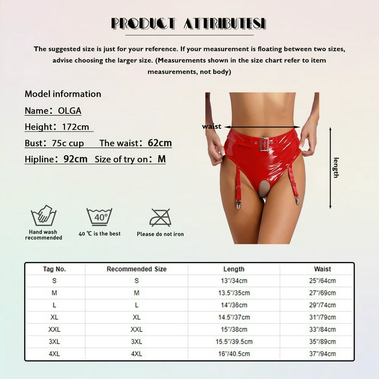 YIZYIF Womens Exotic Lingerie Latex Panties Underwear with Garter Clips  Open Crotch G-String Thong A Red S