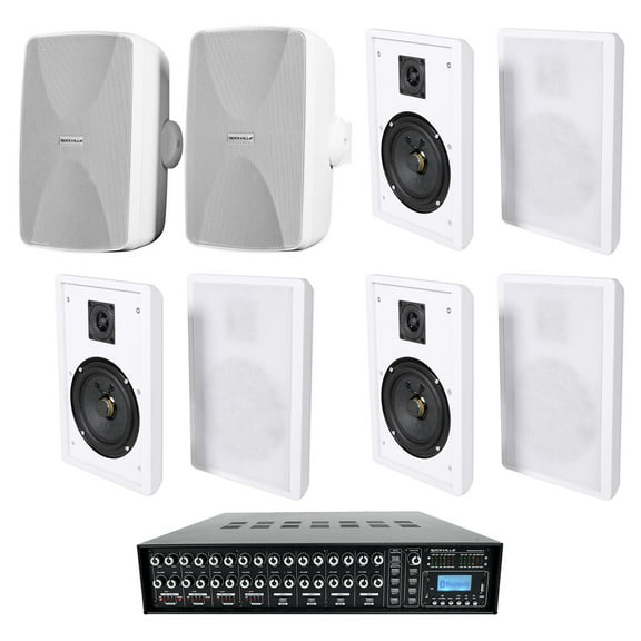 Rockville ROCK MATRIX 4-Zone Home Receiver Amp (8) 5.25" White Wall Speakers