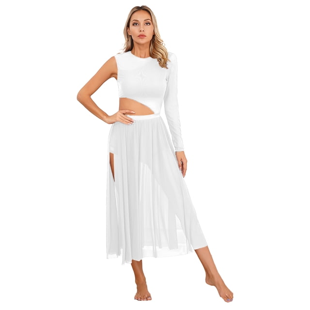 Alvivi Costume de Danse Lyrique pour Femmes Robe Justaucorps Fendue en Maille Transparente Danse Moderne Blanc TG