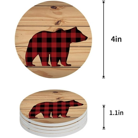 

KXMDXA Christmas Bear Red and Black Buffalo Check Plaid Set of 6 Round Coaster for Drinks Absorbent Ceramic Stone Coasters Cup Mat with Cork Base for Home Kitchen Room Coffee Table Bar Decor