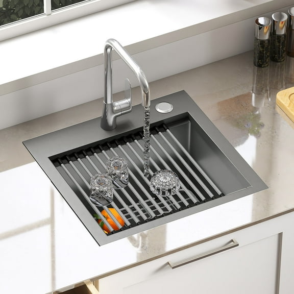 Dextrus Drop-in Gunmetal Black Kitchen Sink Workstation with Cutting Board & Accessories, 15x15x9 in