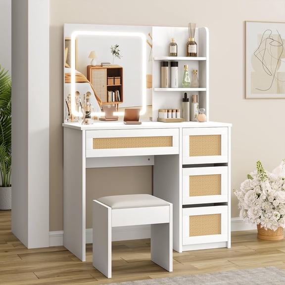 Garvee Rattan Vanity with Mirror, Makeup Vanity Desk with Adjustable LED Light, Large Storage Space and4 Drawers, 2 Tiers of Open Shelves for Bedroom in White & Gold