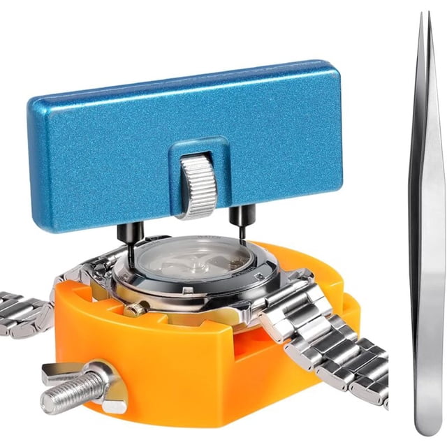 Kit para cambiar la pila del reloj - Abridor de caja de reloj con soporte, pinzas - Manual del usuario - Para abrir la tapa del reloj girando