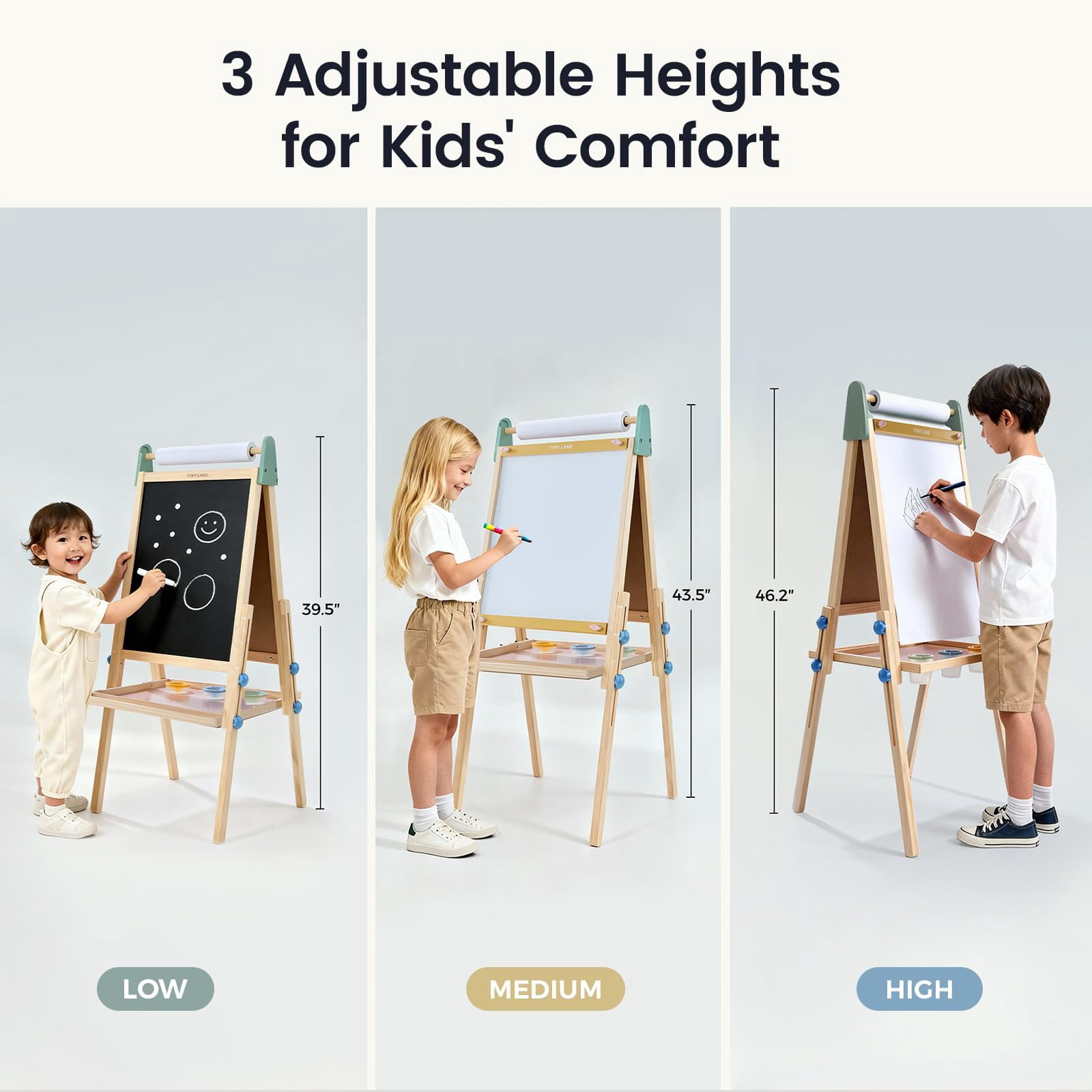 Tiny Land Easel for Kids, Adjustable Double-Sided Wooden Easel with Paper Roll, Whiteboard & Chalkboard, Multi-Functional Art Easel for 3-8 Years Old Boys & Girls