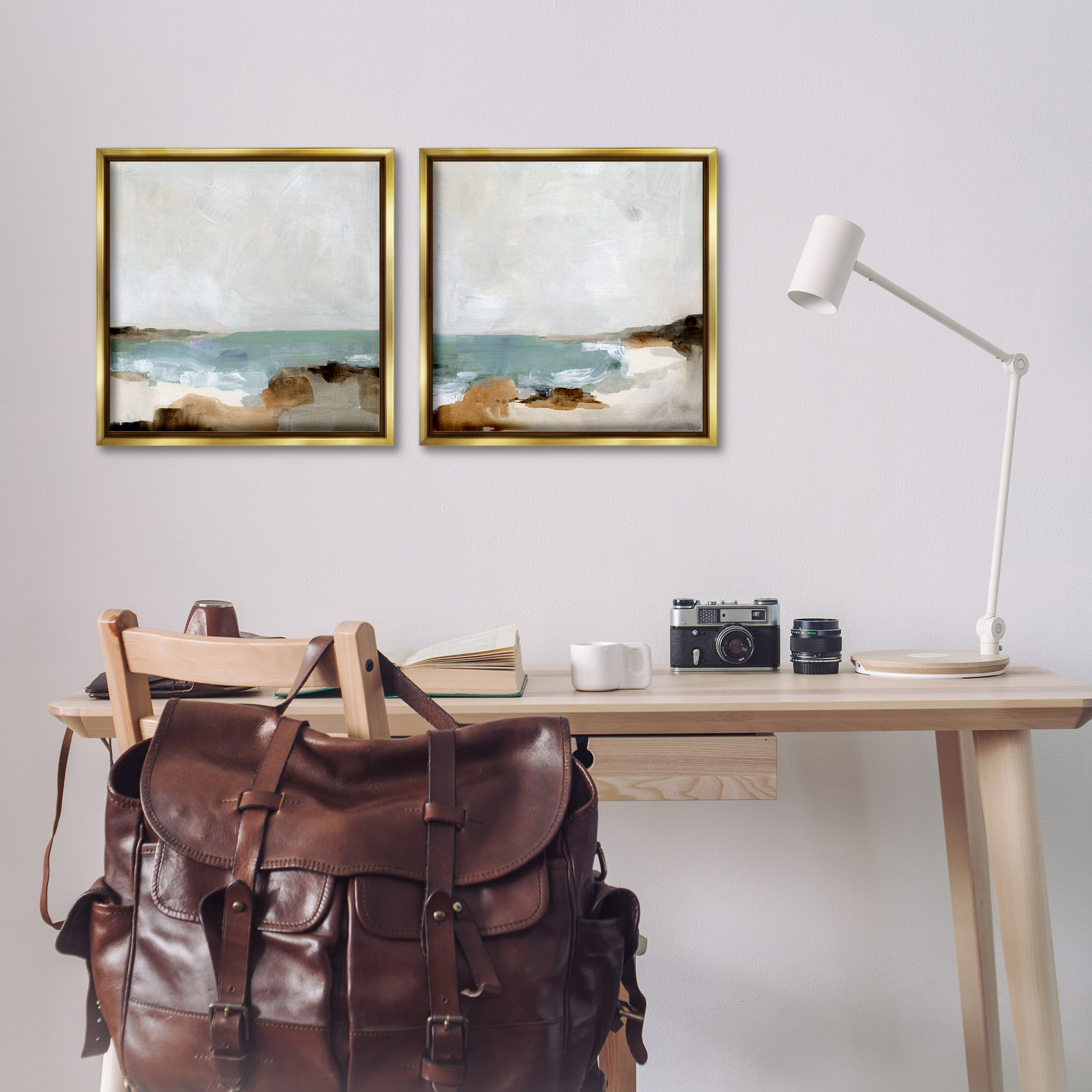 Stupell Industries Abstract Beach Cove Landscape Cliffs Nature Painting Gold Floater Framed Canvas Art Print Wall Art, 18 x 18, Set of 2