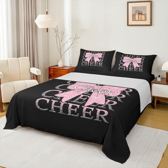 Manfei Kawaii Pink Bow 3pcs Twin Sheet Sets for Teens Children Girls,Bling Glitter Twin Fitted Sheet,Girly Dreamy Dance Breathable Flat Sheet,Luxury Bedroom Decor