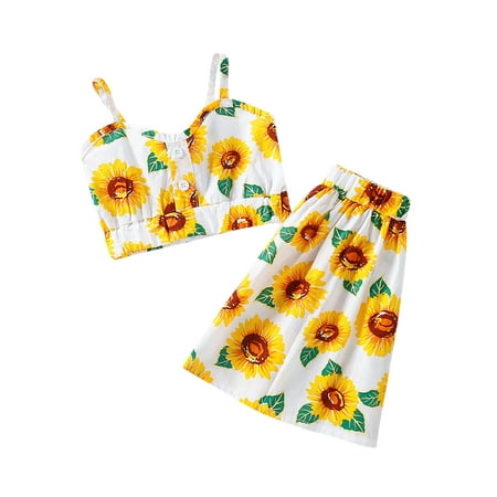 

Xiaoluokaixin 2Pcs Toddler Girl s Summer Suit Sleeveless Sling Tops+Sunflower Print Skirt