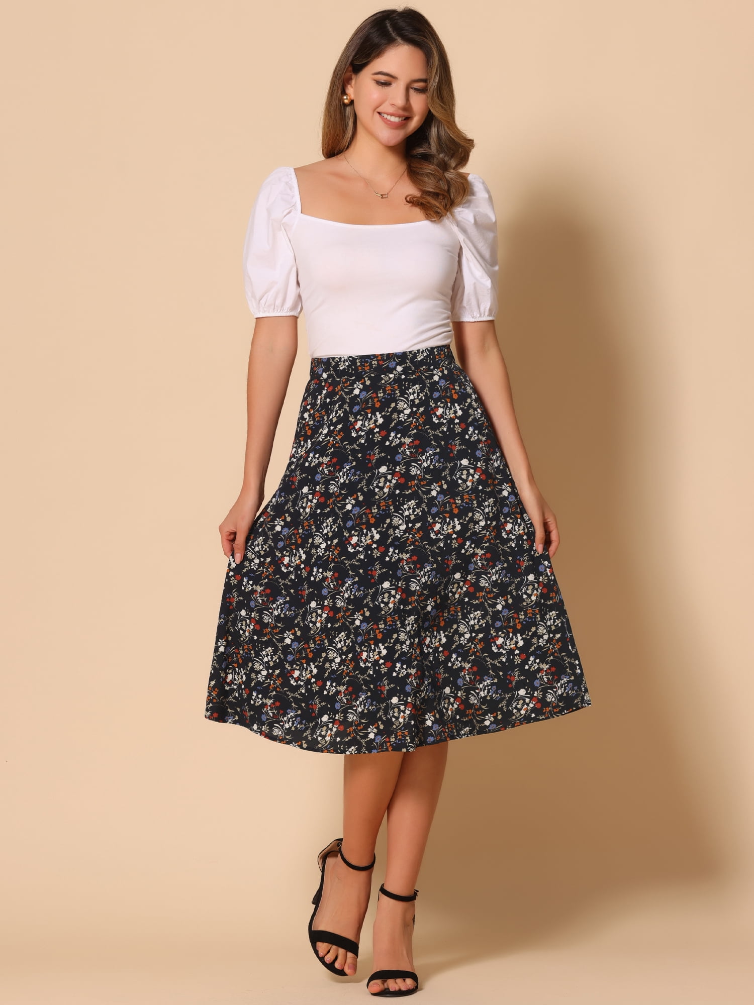 DARING DIVA Women's Floral Print A-Line Midi Skirt Skirts M Black Red